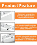 Product features of Two Pack 5 Way 7 Port Pneumatic Air Manifold Block showing aluminum construction and NPT port details.