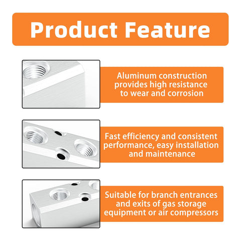 Features of Six Way Air Compressor Manifold With Eight Ports And One Half Inch NPT Supply Port And One Quarter Inch NPT Outputs