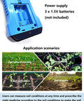 Back of 7 In 1 Soil Tester Digital PH Meter, battery compartment open, application scenarios for garden kit use.
