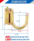 Heavy Duty E Track J Hooks Tie Down Set For Trucks, Trailers, Vans, Garages And Workshops, 400 Lb Working Load Each, 1,200 Lb Break Strength, Galvanized Gold Finish, Universal E Track Compatibility dimensions diagram