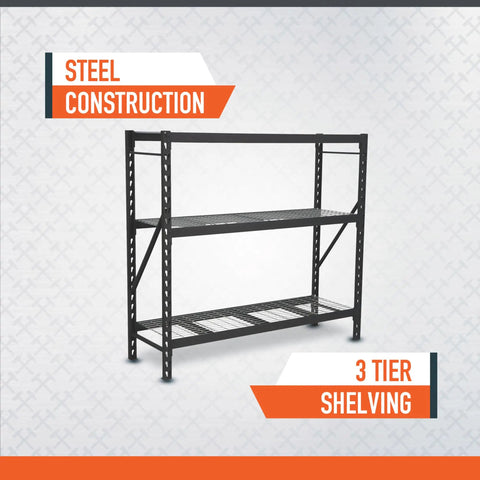 Robust 3 Tier Steel Shelving Rack With 6000 Lb Heavy Duty Capacity For Garage And Warehouse Storage Features 24 Inch Wide Industrial Grade Construction Built Different To Crush Heavy Loads With Ease