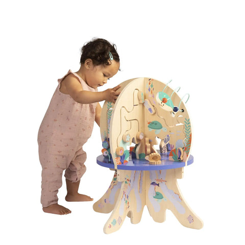 Deep Sea Adventure Wooden Toddler Activity Center With Clacking Clams Spinning Gears And Slick Bead Runs, 21 inches high.