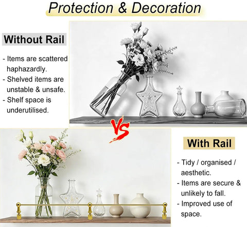 Comparison of shelf organization: Without Rail showing cluttered items versus With Rail using Heavy Duty Solid Brass Floating Shelf Brackets.