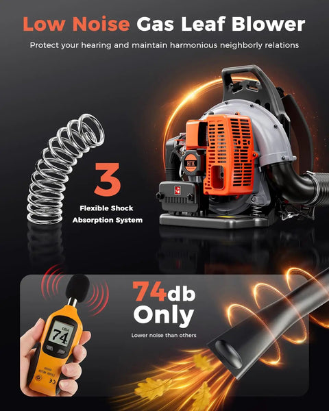 Backpack Leaf Blower, 63cc Gas Powered Beast With 665 CFM Air Flow And 205 MPH Wind, highlighting low noise and shock absorption