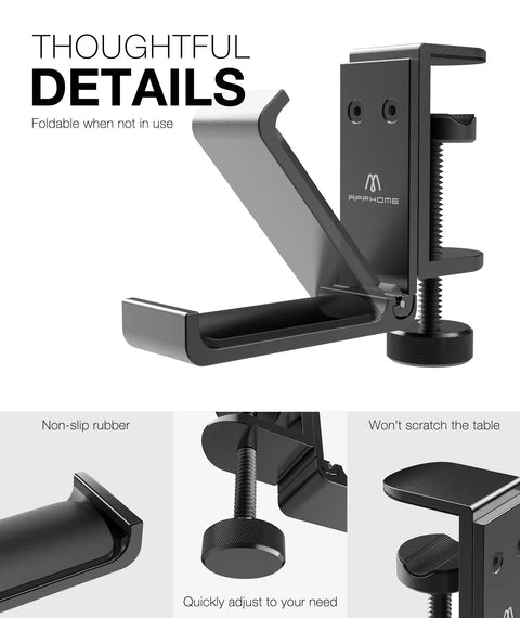 Under Desk Headphone Stand With Foldable Arm Space Saving Aluminum Headset Hanger For Gaming Headphones Desk Clamp Fits Desks Up To 50mm Thick Or Slim 5mm Mounts Flat Against Wall When Not In Use Universal Fit Black: detailed view showing foldable arm and desk clamp features.