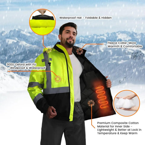 Heavy Duty Class 3 Hi Vis Reflective Jacket For Men, Waterproof Winter Bomber Work Coat, Ansi Compliant Construction Gear Engineered To Crush Your Daily Grind While Keeping You Dry At Any Active Workspace