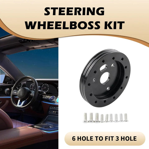 Badass 6 To 3 Hole Steering Wheel Hub Adapter Boss Kit For Cars Quick Swap Alloy Converter with bolts for installation.