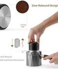 Diagram showing Espresso Tamper 58.35mm Professional Hand Tamper With Slow Rebound Spring Return Adjustable Depth Palm Grip in use