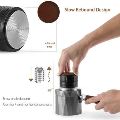 Diagram showing Espresso Tamper 58.35mm Professional Hand Tamper With Slow Rebound Spring Return Adjustable Depth Palm Grip in use