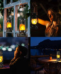Bronze Vintage Solar Lanterns Two Pack Outdoor Lights With LED For Camping Patio And Garden shown in various settings.
