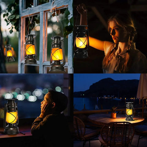 Bronze Vintage Solar Lanterns Two Pack Outdoor Lights With LED For Camping Patio And Garden shown in various settings.