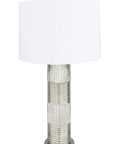 Reeded Glass Table Lamp With Metal Base In Antiqued French Silver Mercury Glass Finish, White Linen Drum Shade, 30 Inches Tall