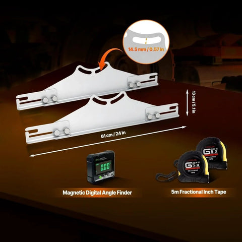 Pro Grade Toe Alignment Tool With Toe Plates And Digital Angle Finder For Fast Accurate Wheel Alignment On Most Cars Includes Two Tape Measures For Easy Stable Alignment showing steel toe plates, angle finder, and tape measures.
