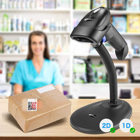 Portable Wireless 1D 2D Barcode Scanner With Stand For Quick Paper And Screen Scans on counter next to a package at a POS setup.