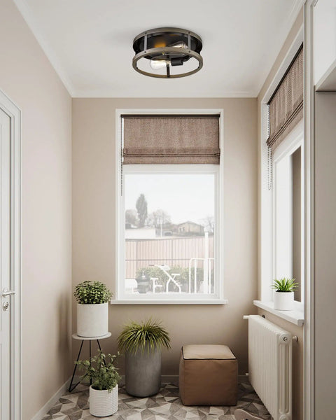 Farmhouse Flush Mount Ceiling Light 13 Inch Faux Wood And Metal 2 Light Fixture For Hallway Entryway Bedroom Kitchen Dining Room Retro Industrial Vibe Lamp With Warm Ambience
