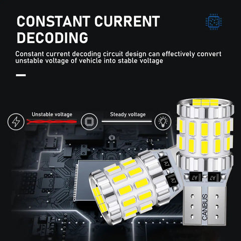 Close-up of Pack Of 2 Car Wide Led Lights 3W Bulbs Aluminum Reading Lights License Plate Lights Instrument Panel Lights Auto Bulb Replacements Universal Fit For Most Cars, Trucks, SUVs White showing constant current decoding feature.