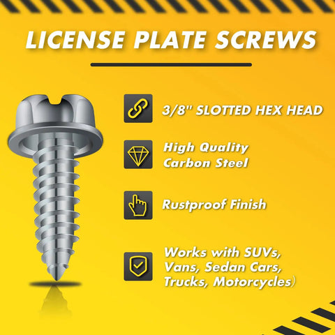 Upgraded 100 Pcs License Plate Screws Set With Rustproof Finish Slotted Hex Head Bolts Heavy Duty Fourteen By Three Quarter Inch For Car Frames Weatherproof And Extra Secure Mounting On Cars Trucks And SUVs displayed with product features