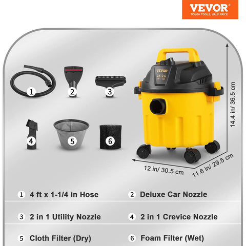 Beast Power 2.5 Peak HP Wet Dry Shop Vacuum with 2.6 Gallon Dust Cup, hose, nozzles, filters, and attachments displayed