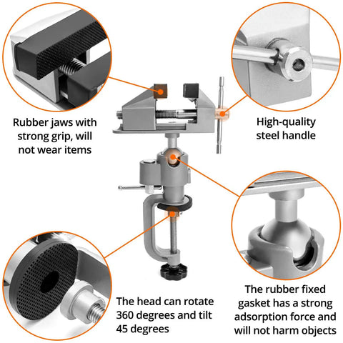 3 Inch Do It All Tabletop Clamp Vise With 360 Degree Rotation And 45 Degree Tilt Portable Bench Vise For Drilling Woodworking Jewelry Making And Metalworking Built From Aluminum Alloy, showing detailed features like rubber jaws, steel handle, and rotation mechanism.