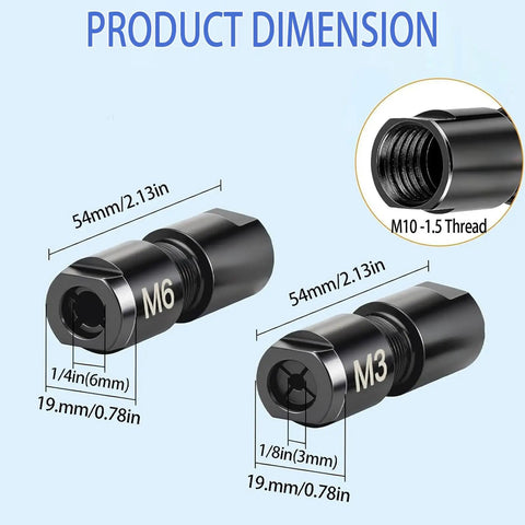Angle Grinder Adapter M10-1.5 Thread 2-Pack with M6 and M3 collets, dimensions 54mm and 19.9mm, made of hardened steel