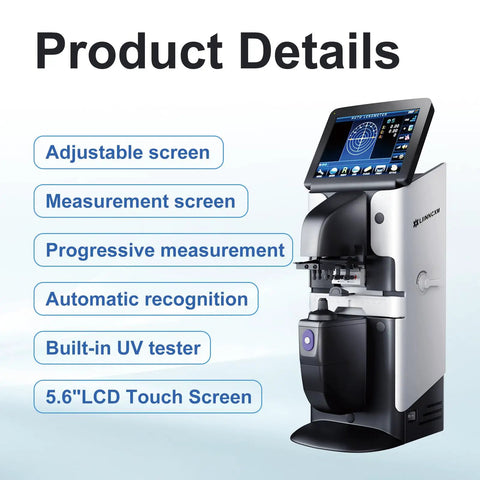 Digital Auto Lensmeter With 7 Inch Touch Screen Focimeter showing features like adjustable screen and built-in UV tester.