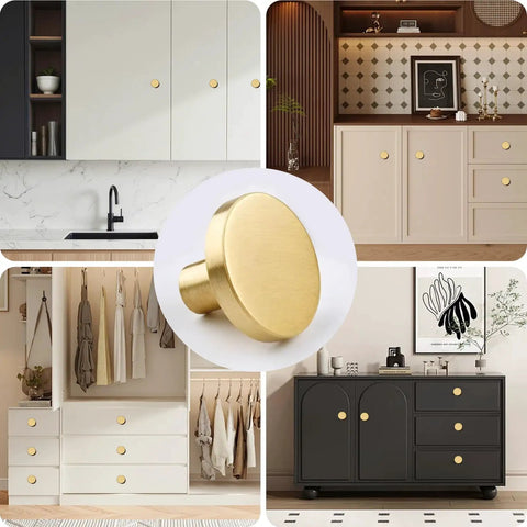 4 Pack Gold Solid Cabinet Pulls Round Knobs Brushed Brass Dresser Handles For Cabinets And Drawers Easy Install 0.78 x 1.18 Inch