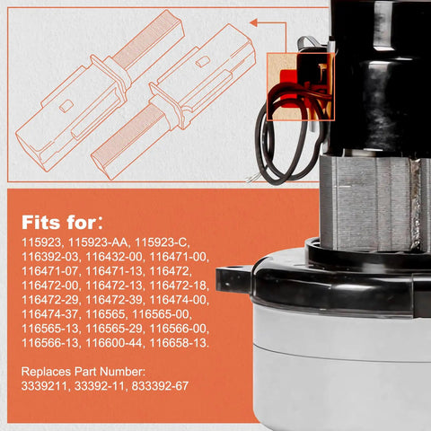 Illustration and motor of 2 Pack Carbon Brush Replacement For Ametek Lamb Motor In Metro Air Force AF3 B3 MB3 Models
