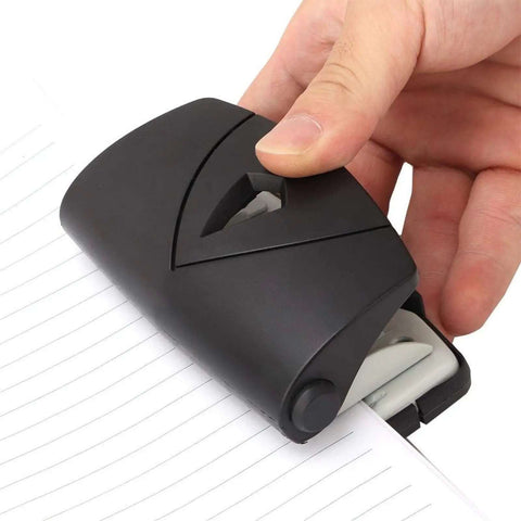 2 Hole Puncher With Positioning Ruler Mini Handheld Black Office Tool for School, punching paper, showing non-slip bottom, 10 sheet capacity