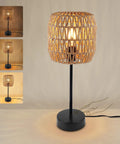 Rustic Rattan Table Lamp With Handmade Woven Shade, Dimmable Touch Control Boho Nightstand Light displaying warm glow