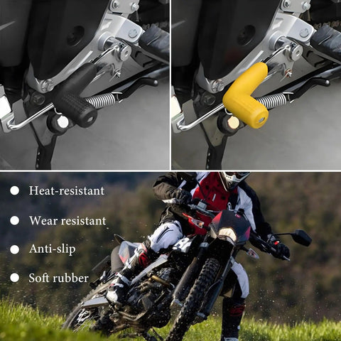 Two Pack Motorcycle Gear Shift Lever Shoe Protector on bike pedal, heat-resistant, anti-slip, universal for street and dirt bikes.