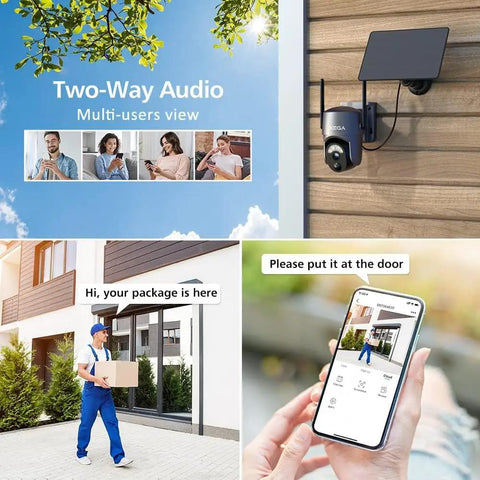 Totally Wireless Outdoor Security Camera With Solar Power, 2K Resolution, 360 Degree PTZ, 2.4G WiFi, showcasing two-way audio feature
