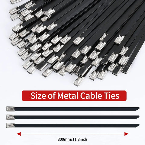 Heavy Duty Stainless Steel Epoxy Coated Zip Ties 11.8 Inches 100 Pack Self Locking Multi Purpose For Cables Pipes Machinery Vehicles Farm And Outdoor Use shown in size comparison and detail view.