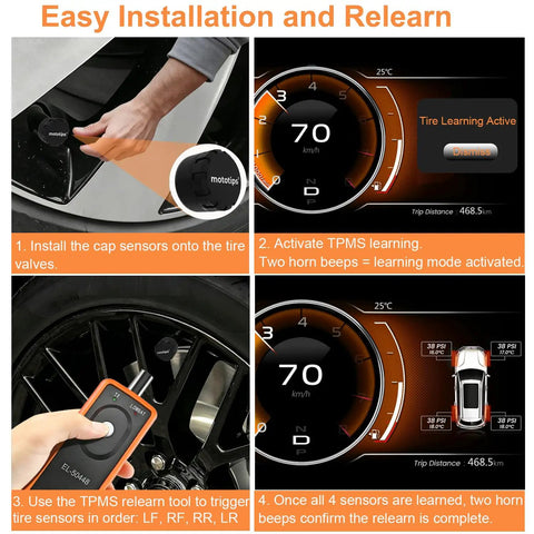Set Of 4 TPMS Tire Pressure Monitoring Sensors With Relearn Tool For Broad Vehicle Compatibility, Including SUVs, Trucks And Cars, Direct OEM Replacement For Silverado And More, Delivers Stable Signal, Accurate Readings, Easy Install. Easy TPMS relearn steps