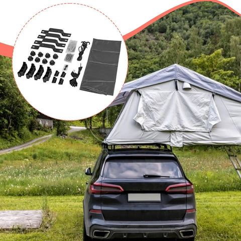 SUV parked with Rooftop Tent Mount Bracket Kit With Quick Release Clamp for roof racks, featuring a tent setup on a grassy field.