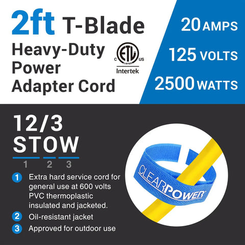 Heavy Duty Generator Adapter For 20 Amp T Blade Plug To T Slot With Power Indicator Light 12 Gauge 3 Conductor