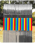 Heavy Duty Adjustable Stainless Steel Retractable Safety Gate Featuring Hella Smooth Moving Universal Casters And Rock Solid Brakes For Tight Garage And Store Layouts with colorful tube sections.