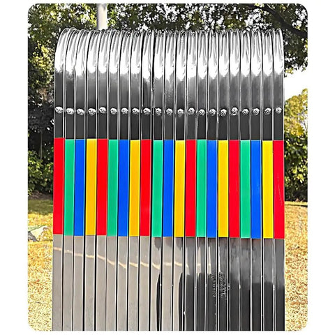 Heavy Duty Adjustable Stainless Steel Retractable Safety Gate Featuring Hella Smooth Moving Universal Casters And Rock Solid Brakes For Tight Garage And Store Layouts with colorful tube sections.