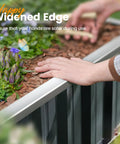 Hands tending plants on galvanized raised garden bed with two easy installation options for DIY enthusiasts, 101 by 36 by 18 inches.
