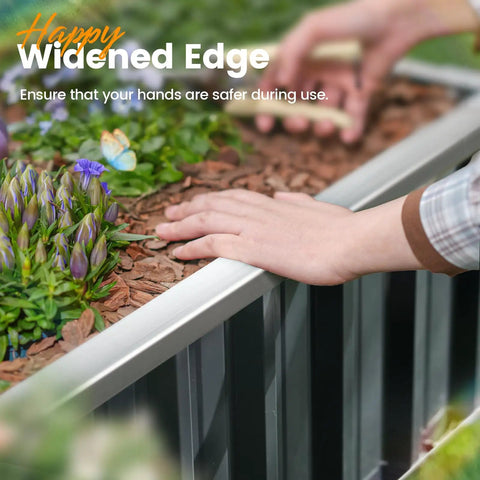 Hands tending plants on galvanized raised garden bed with two easy installation options for DIY enthusiasts, 101 by 36 by 18 inches.