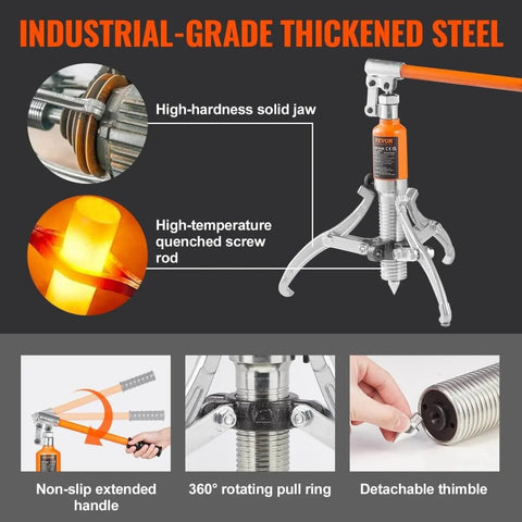 Industrial-grade hydraulic gear puller kit with 5 ton capacity, 8 inch jaw, 2 or 3 jaws, rotating pull ring, and detachable thimble.