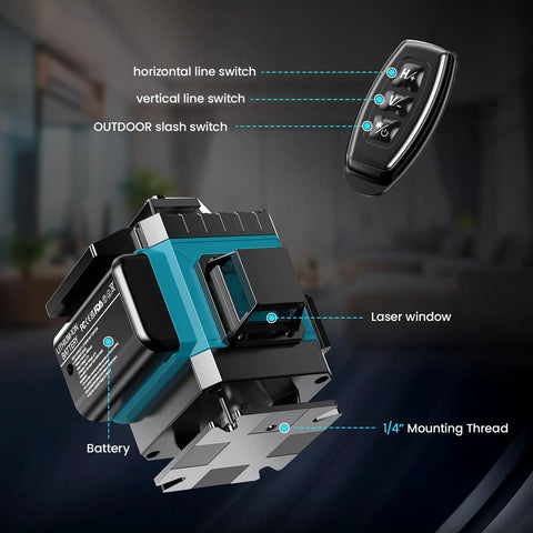 16 Line Green Laser Level 360 Self Leveling Pro Grade 4D Cross Line With Remote And 2 Batteries Adjustable Brightness 360 Degree Coverage For Tiling Flooring Construction And Picture Hanging With Accuracy To One Tenth Inch At 8 Ft., with remote, battery, and 1/4 mounting thread