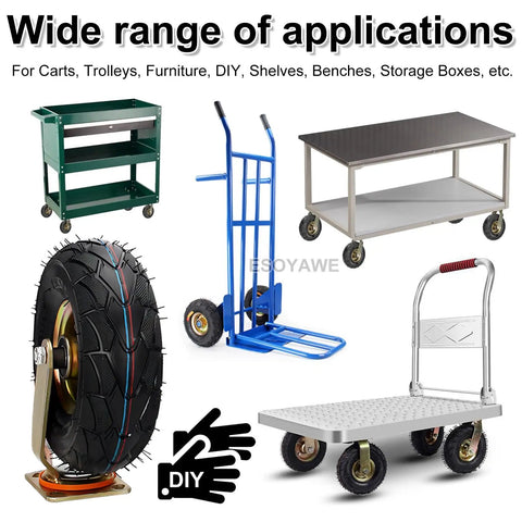 Heavy Duty Rubber Caster Wheels 4 Pack, 10 Inch Swivel Plate Casters With Brakes shown on various carts and trolleys for practical applications.