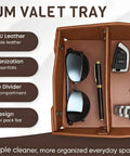 EDC Valet Tray Organizer In Saddle Tan With PU Leather Removable Divider To Stash Keys Wallet Phone And Watch All In One Catch All Tray