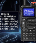 10W Two Way Radio For Outdoor Survival with display showing frequency range and specifications, ideal for camping and trail trips