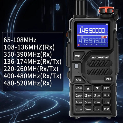 10W Two Way Radio For Outdoor Survival with display showing frequency range and specifications, ideal for camping and trail trips
