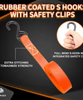 Rubber coated S-hook with safety clips and strong stitching on Heavy Duty Ratchet Tie Down Straps 4 Pack One Inch By Fifteen Feet.