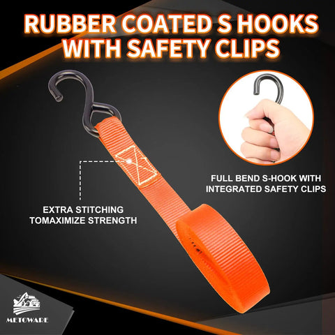 Rubber coated S-hook with safety clips and strong stitching on Heavy Duty Ratchet Tie Down Straps 4 Pack One Inch By Fifteen Feet.