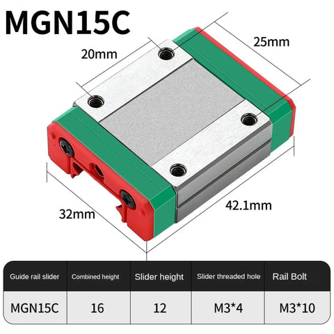Close-up of MGN15C high precision linear rail block with dimensions, for 3D printers and CNC machines, showing size and design.