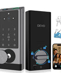 Six In One Smart Lock With Camera And Doorbell For Front Door, Keyless Entry, Fingerprint Scanner displayed with app and keys