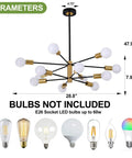 Diagram showing dimensions of Six Light Dope Modern Sputnik Chandelier in Black Gold Finish with E26 base, bulbs not included.